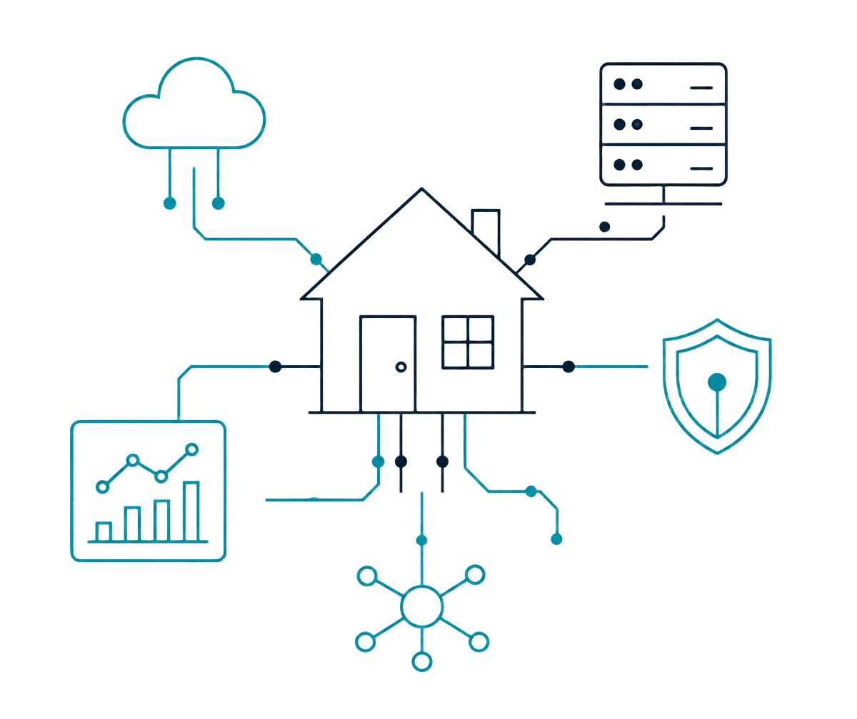 Illustration of a building connected by circuit lines to cloud, server, security, analytics and network systems